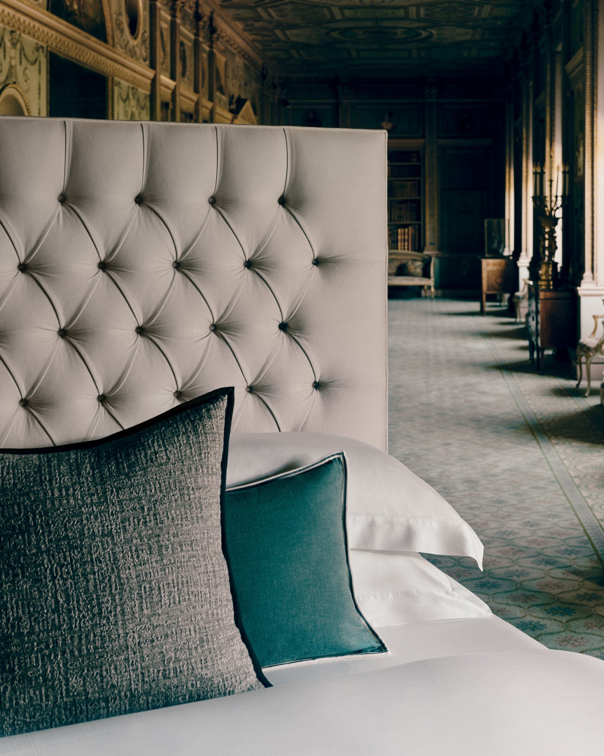 Detail of Savoir's Hatti headboard with deep buttoning