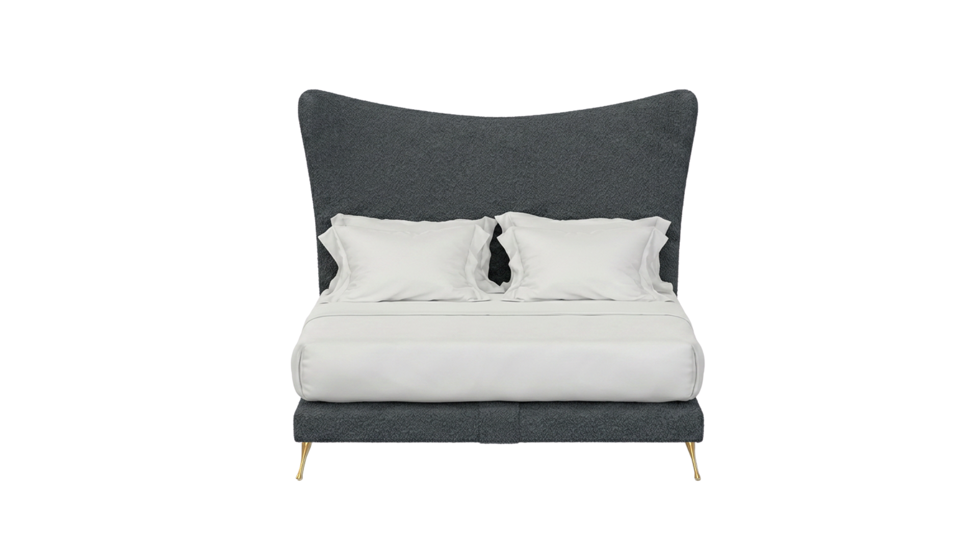 Luna bed with gray upholstered headboard and white bedding on a white background