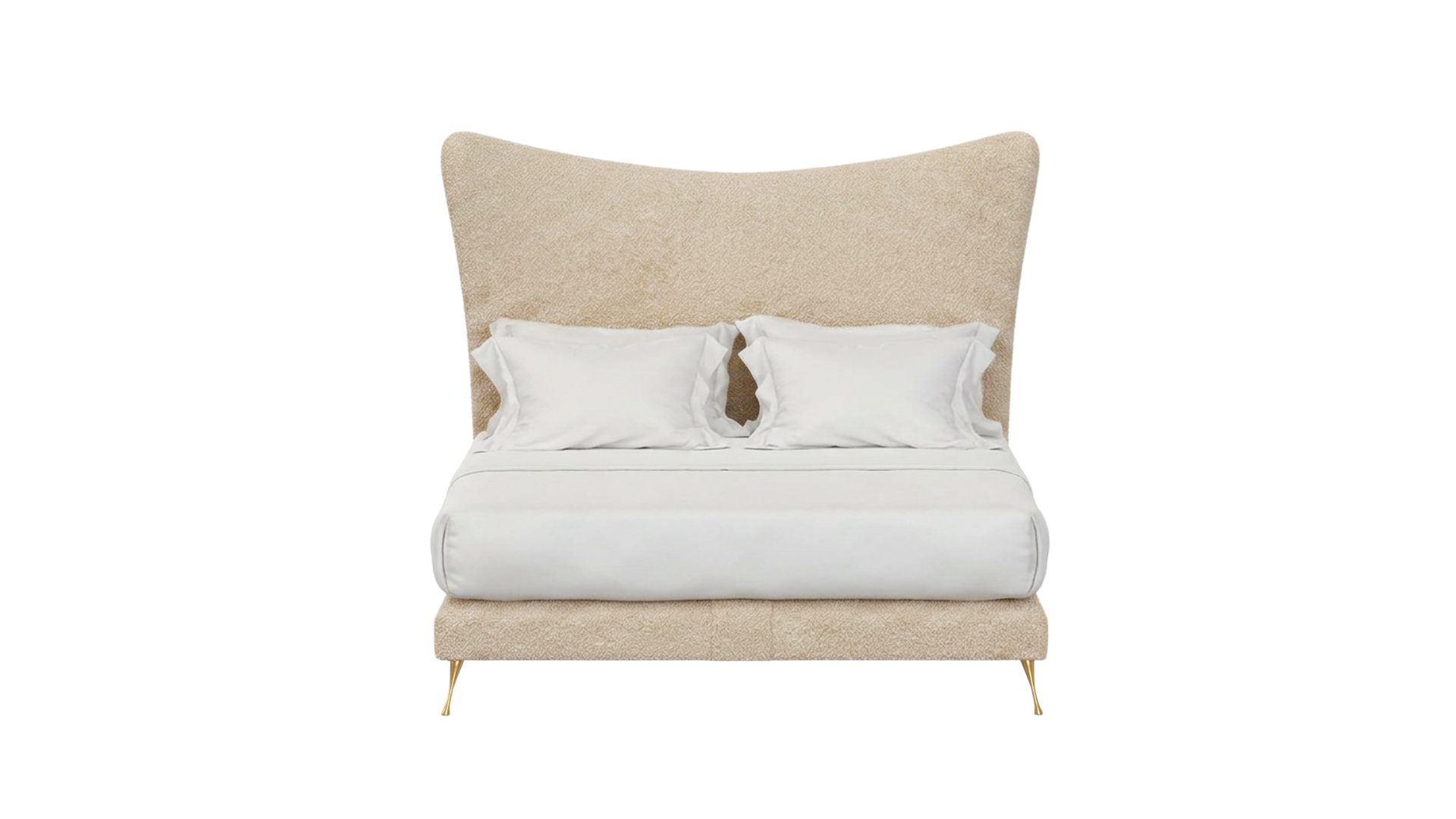 Beige upholstered headboard and base  with white bedding on a white background