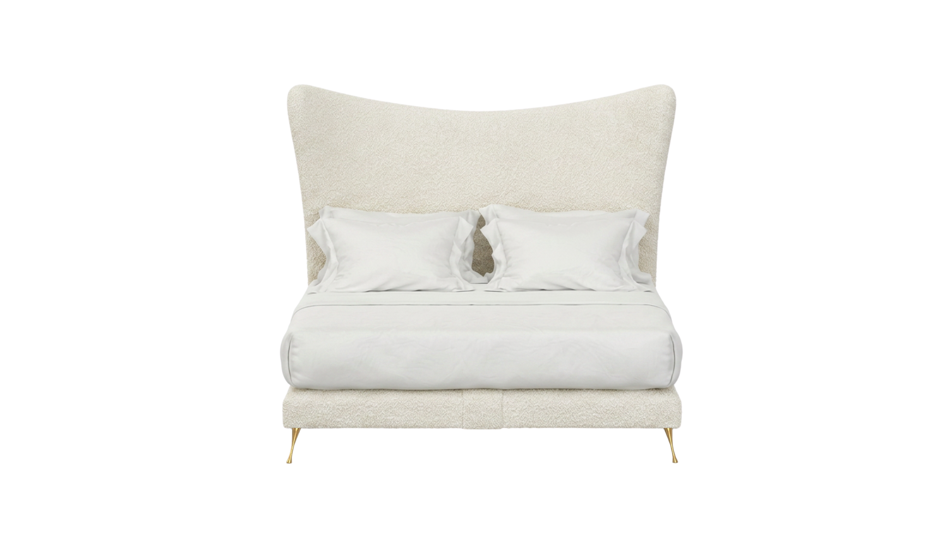 Amelia boucle white bed with decorative pillows on a white background