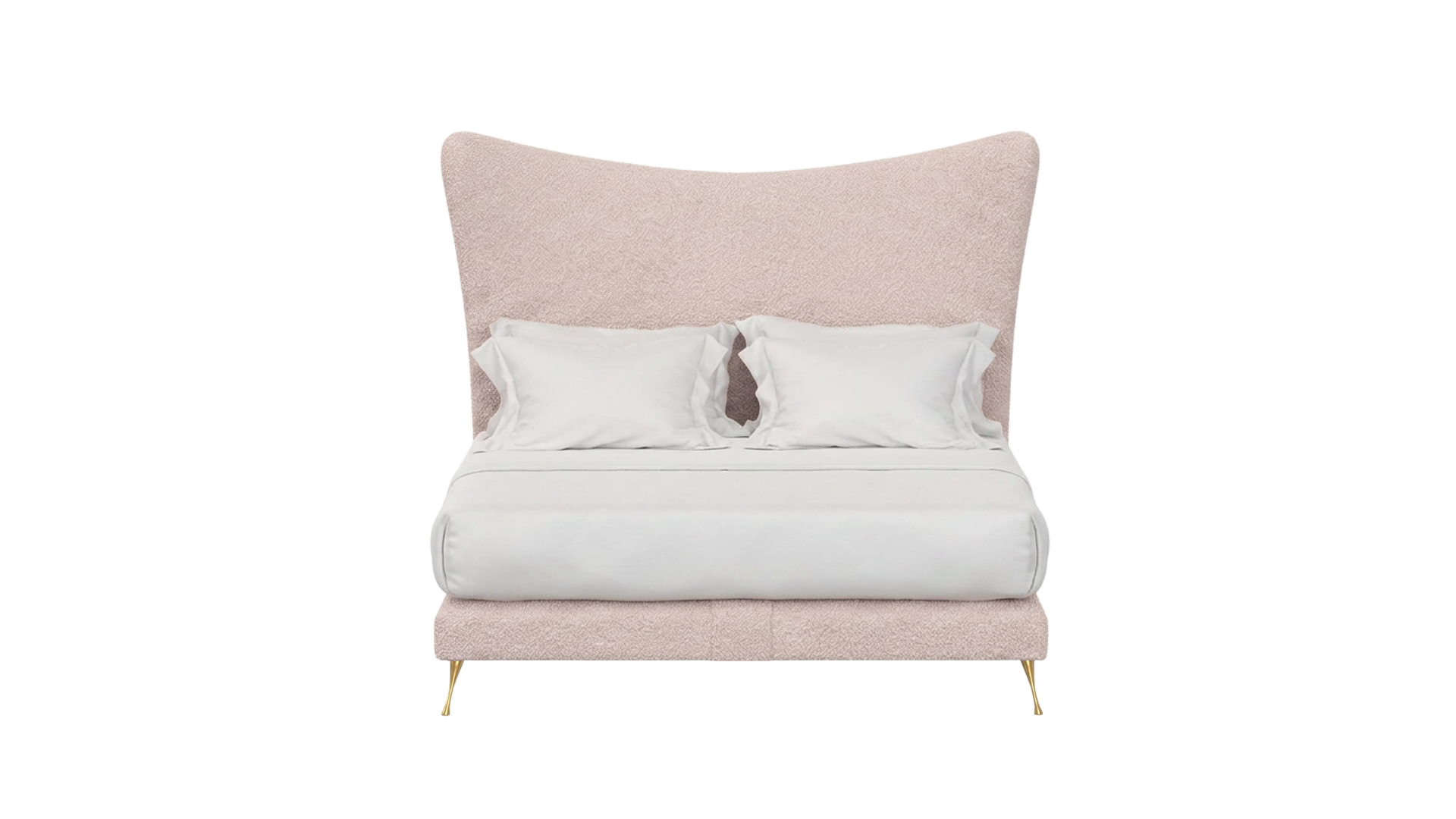 Pink Amelia boucle bed with white bedding on a white background