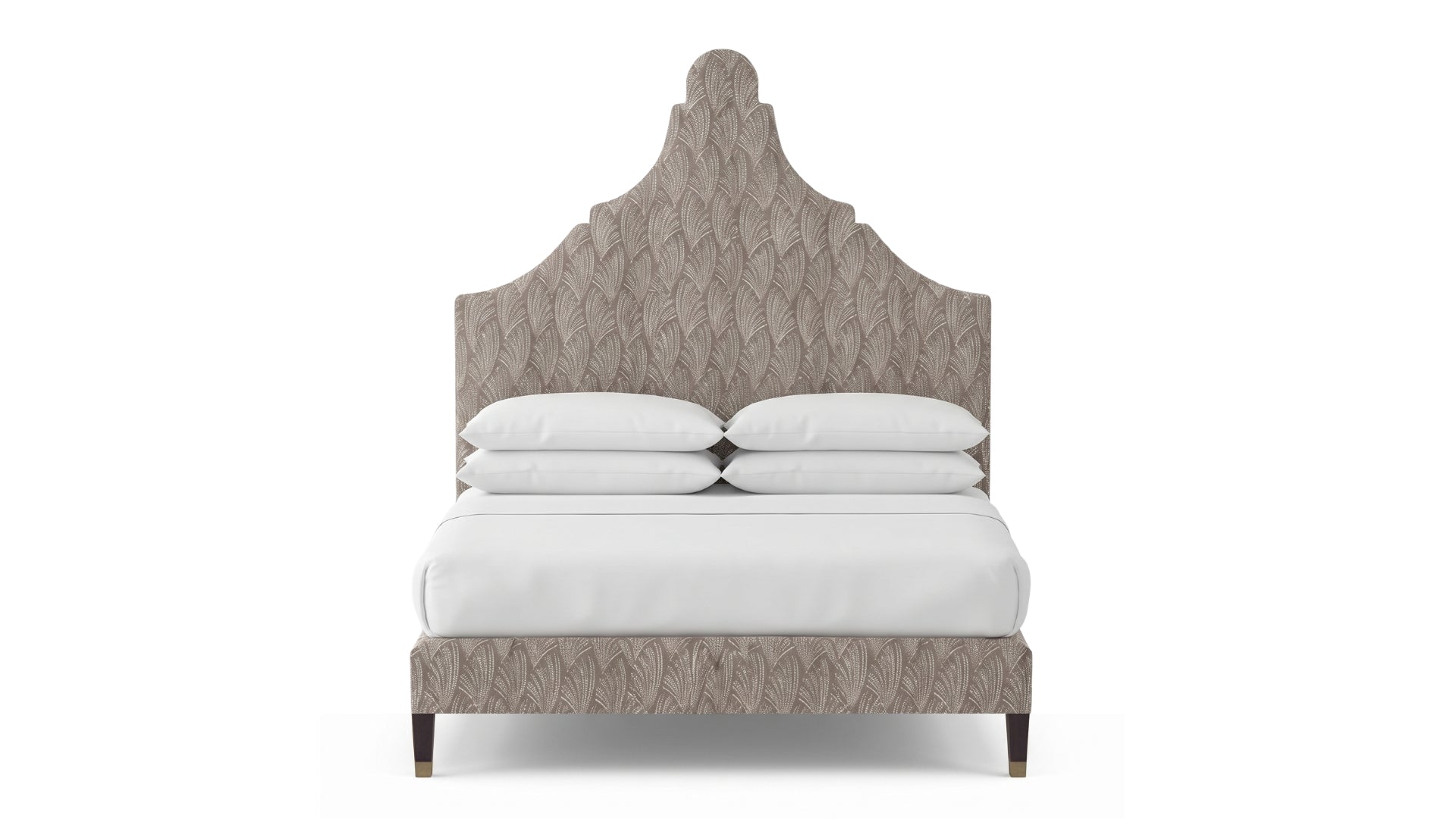 An upholstered bed with a scalloped headboard and matching base in a textured taupe fabric, styled with crisp white bedding and pillows against a solid white background.
