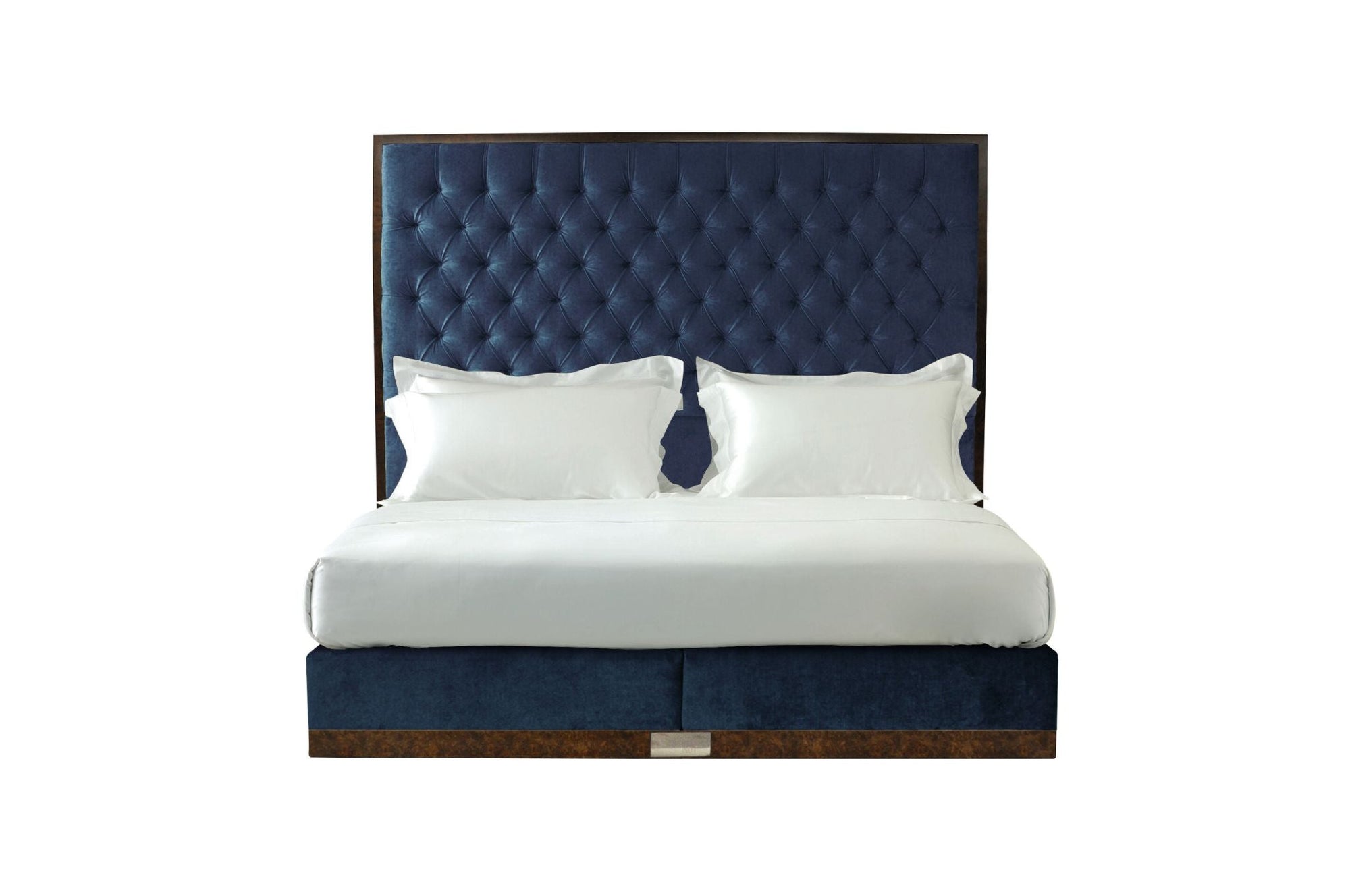 Undressed State bed with a navy headboard