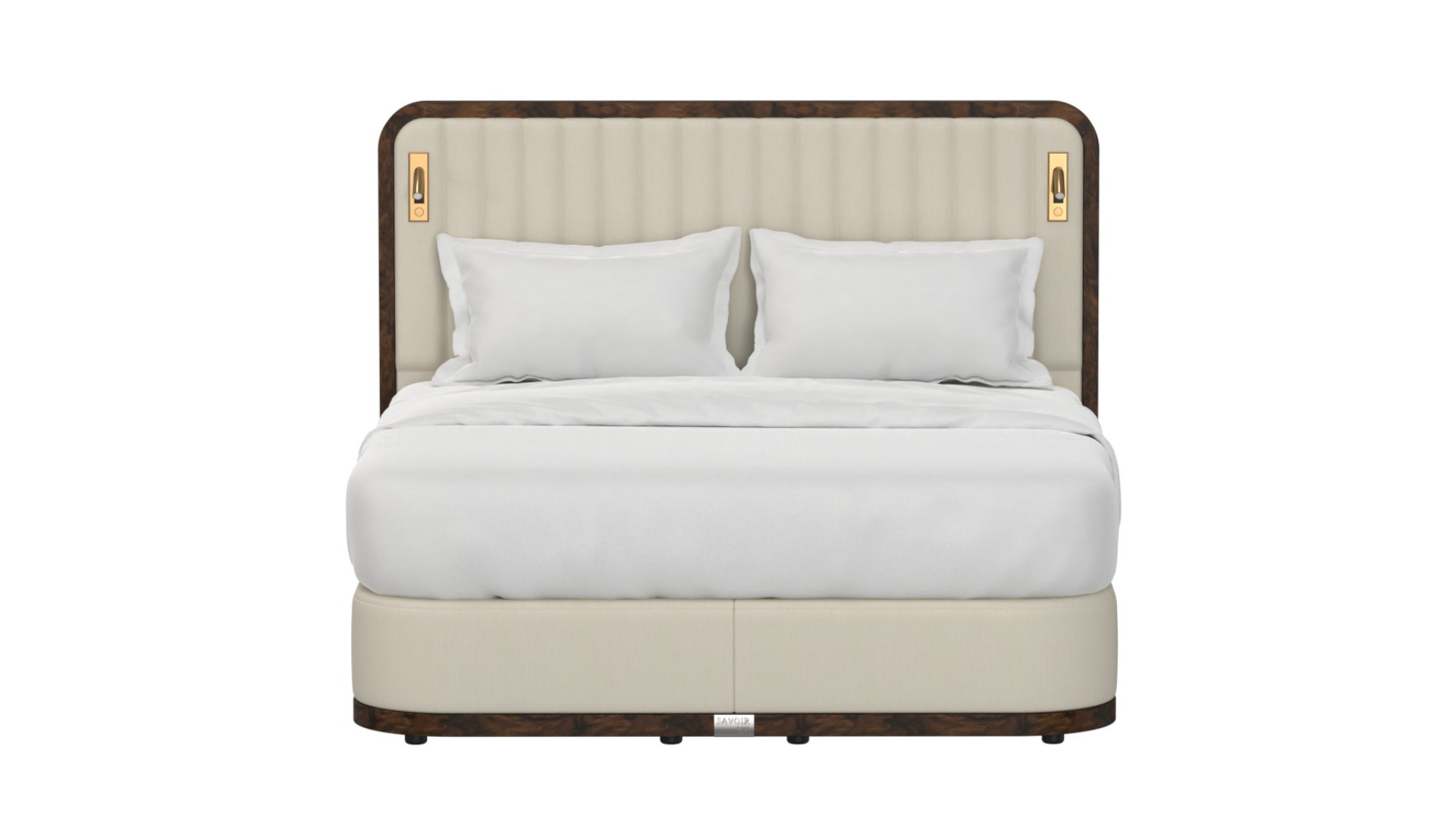 The modern Luna bed with a tall, upholstered headboard in beige and dark wood, styled with white bedding and two white pillows against a solid white background.