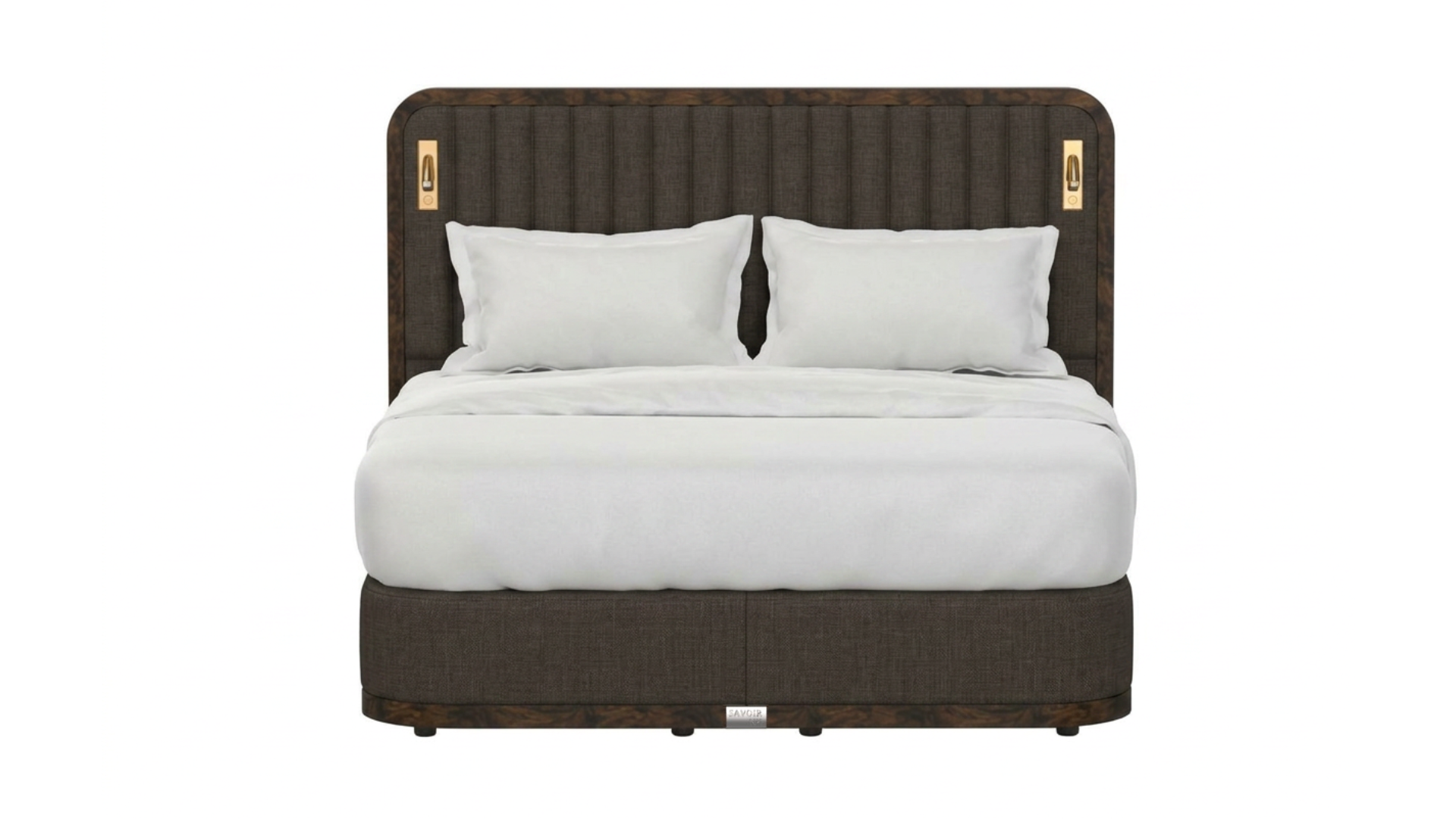 The dark brown Luna upholstered headboard and matching base, shown with white bedding and two white pillows on a plain white background.