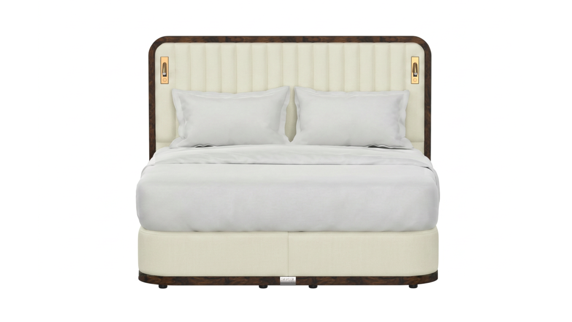 The modern Luna bed upholstered headboard in cream and dark wood, styled with two white pillows and bedding, shown against a solid white background.