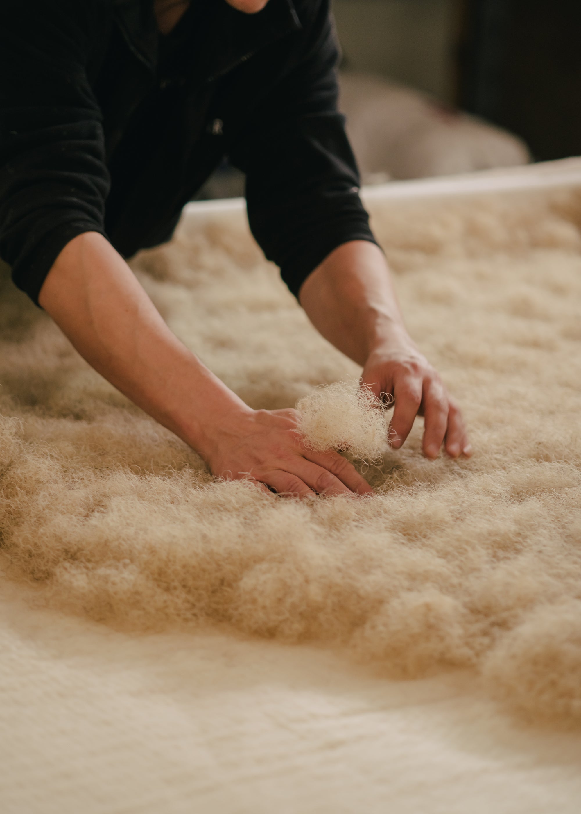 A Savoir craftsman laying horse hair on a mattress